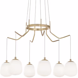 Cadre métallique fini en laiton satin. Diffusers en verre blanc, soufflé et acide. Ø 72 x H min 107,5 / max 127 cm G9 max 6 x ...