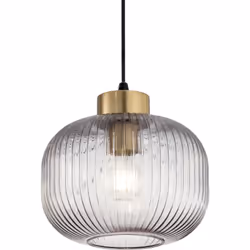 Cadre métallique avec finition en laiton satin et rosette noire mate. Câble recouvert de tissu. Diffuseur en verre blond avec ...