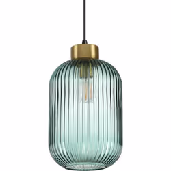 Cadre métallique avec finition en laiton satin et rosette noire mate. Câble recouvert de tissu. Diffuseur en verre blond avec ...