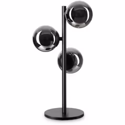 Lampe de table moderne avec cadre en métal laqué noir ou laiton et structure linéaire en section ronde. 3 haut-parleurs en ve ...