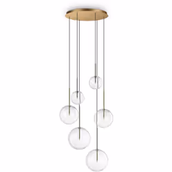 Cadre en métal avec finition chrome ou laiton antique. Diffuseurs en verre soufflé. Ø 650 x H 2250 mm G4 max 6 x 2W IP20