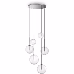 Cadre en métal avec finition chrome ou laiton antique. Diffuseurs en verre soufflé. Ø 650 x H 2250 mm G4 max 6 x 2W IP20