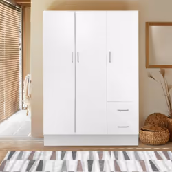Armoire à trois portes et deux tiroirs avec étagères et tringle à vêtements, couleur blanche, Dimensions 120 x 170 x 50 cm