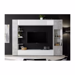 Composition murale TV SIENNA Laqué blanc et béton - L295xP30xH187 cm - Comprenant 2 meubles haut 1 porte, 2 meubles 1 porte a ...