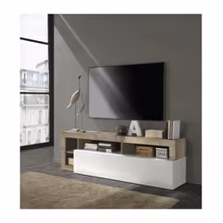 Meuble TV Maestro Finition Blanc Laqué & Effet Bois Vintage- L 184xP42xH56 avec 1 porte abattant- style contemporain /Design ...