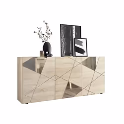 Buffet VICTORY 3 Portes décor chene sonoma avec serigraphie miroir : L181xP42xH84 cm La collection VICTORY joue la carte du d ...