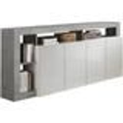 Buffet MAESTRO - Décor béton et blanc laqué brillant - 4 portes - L 184 x P 42 x H 93 cm