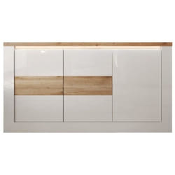 Buffet - IMOLA - Blanc laqué brillant / Chêne Clair - 3 portes - 160 x 43 x 88 cm - Eclairage LED