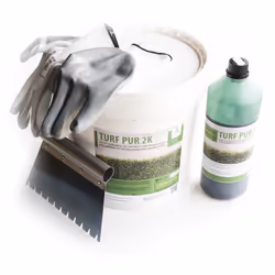 Kit de colle pour gazon synthétique 10 kg, avec gants et spatule crantée pour l’application. Adhésif polyuréthane à deux comp ...