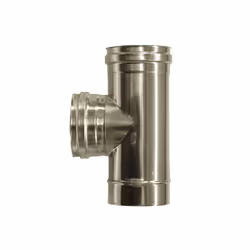 Raccord T 90 conduit d’evacuation a paroi double inox DN 100/150. Le raccord T permet de raccorder le conduit de fumee au con ...