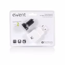 Ewent EW1206 chargeur d'appareils mobiles Téléphone portable, MP3, Tablette Noir, Blanc Secteur, Allume-cigare Auto, Intérieure