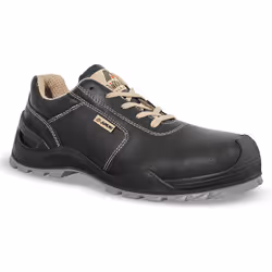 Chaussure de sécurité basse de type urban sport, coloris noir. Renfort de protection sur embout en PU. Tige en cuir grainé hy ...