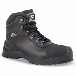 Chaussure de sécurité montante de type trekking, coloris noir. Double renfort de protection sur l’embout avec une remontée de ...