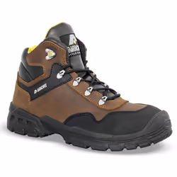 Chaussure de sécurité montante, de type trekking, coloris marron /noir. Tige en cuir pull-up hydrofuge. Double renfort de pro ...