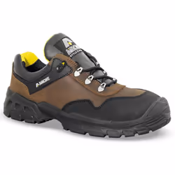 Chaussure de sécurité basse, de type trekking, coloris marron /noir. Tige en cuir pull-up hydrofuge. Double renfort de protec ...