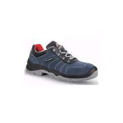 Chaussure de sécurité basse de type tennis. Tige en cuir velours épaisseur 1,9 / 2,1. Coloris bleu marine. Quartiers perforés ...