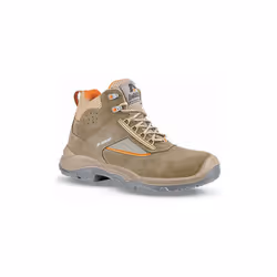 Chaussure de sécurité montante de type trekking. Tige en cuir velours épaisseur 1,9 / 2,1. Coloris beige. Inserts textile. Do ...