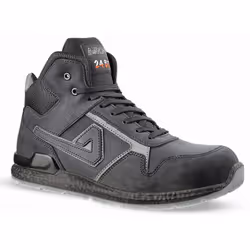 Chaussure de sécurité montante de type urban sport. Tige en cuir pleine fleur lisse hydrofuge, finition pull-up. Coloris noir ...