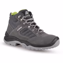 Chaussure de sécurité montante de type trekking. Tige en cuir velours épaisseur 1,9 / 2,1. Coloris gris. Inserts textile. Dou ...