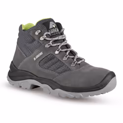 Chaussure de sécurité montante de type trekking. Tige en cuir velours épaisseur 1,9 / 2,1. Coloris gris. Inserts textile. Dou ...