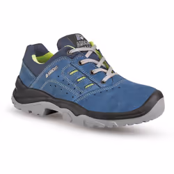 Chaussure de sécurité basse de type trekking. Tige en cuir velours épaisseur 1,9 / 2,1. Coloris bleu. Perforations latérales  ...