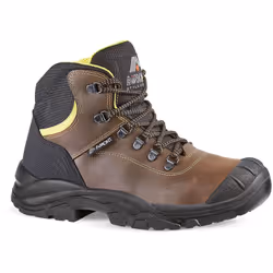 Chaussure de sécurité montante de type brodequin. Tige en cuir hydrofuge finition pull-up, épaisseur 1,8 / 2,0. Coloris marro ...