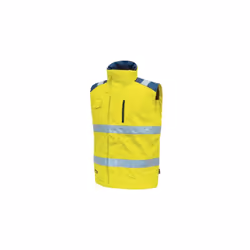 Le gilet de travail Prime HL150YF de U-Power est un gilet rembourré avec des bandes réfléchissantes appliquées sur le torse e ...