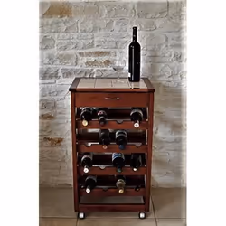 Chariot à cave à vin - PRESTIGE - Modèle 001044 - Bois massif - Plateau en carrelage - 4 étagères