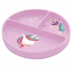 Assiette compartimentée en silicone avec ventouse, Animaux Rose  18 x 18 cm