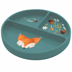 Assiette compartimentée en silicone avec ventouse, Animaux Vert Paon  18 x 18 cm