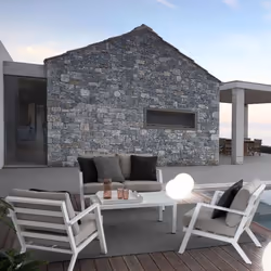 Occupez l'espace réduit de votre terrasse avec ce salon de jardin 4 personnes en aluminium gris et blanc . Sobre et intempore ...