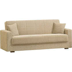 Dmora - Canapé Pinto, Canapé conteneur 3 places linéaire, Canapé de salon en tissu rembourré avec ouverture clic-clac, Cm 212x80h87, Bleu, avec