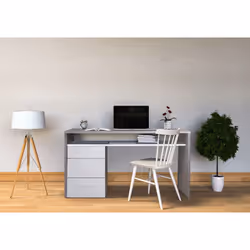 Bureau avec commode à trois tiroirs équipés d'une poignée pour faciliter l'ouverture et d'une étagère placée sous le plateau  ...