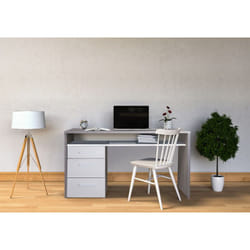Dmora - Bureau avec commode à trois tiroirs et une étagère, couleur béton et blanc, 110 x 77 x 60 cm, avec emballage renforcé