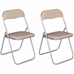 Ensemble de deux chaises pliantes avec pieds en métal et assise rembourrée beige. Ces chaises sont parfaites pour les invités ...