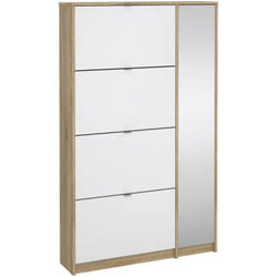 Dmora Armoire à chaussures avec quatre portes à ouverture verticale et une porte miroir avec trois étagères intérieures, couleur chêne et blanche