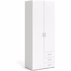 Armoire à deux portes battantes et trois tiroirs, entièrement blanche à l'intérieur et à l'extérieur, équipée de poignées élé ...