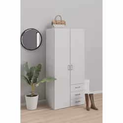 Description générale Armoire pratique et fonctionnelle avec deux portes battantes et trois tiroirs, entièrement blanche à l'i ...