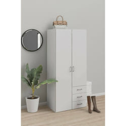Armoire avec deux portes battantes et trois tiroirs, couleur blanche, Dimensions 77 x 175 x 49 cm, avec emballage renforcé - Dmora