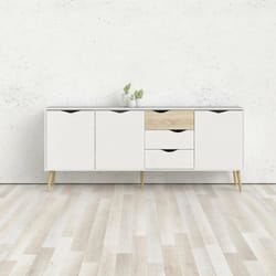 Buffet avec trois portes et trois tiroirs, blanc et chêne, Dimensions 195 x 81 x 39 cm, avec emballage renforcé - Dmora