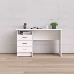 Bureau linéaire pratique et fonctionnel à trois tiroirs avec guides métalliques, entièrement en blanc. Parfait pour être util ...