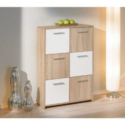 Buffet avec six portes, blanc et chêne, Mesures 77 x 115 x 30 cm, avec emballage renforcé - Dmora