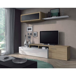 Dmora Mur de rangement Chino, Meuble télé pour le salon, Composition salon réversible, Salon d'angle, cm 200x41h44, Chêne et blanc brillant, avec