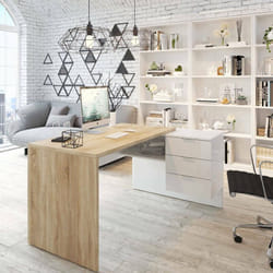 Dmora - Bureau Greensboro, Bureau réversible avec commode, Bureau d'angle ou table pc de bureau, cm 145x108h73, Chêne et Blanc, avec emballage