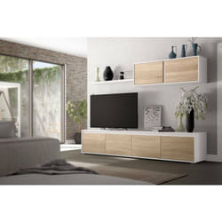 Paroi aménagée Savannah, Meuble télé pour le salon, Composition d'ensemble de salon, Ensemble de salon avec meuble haut, cm 200x41h43, Blanc et