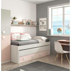 Lit à une place Fairfield, Cadre de lit pour chambre, Lit simple avec lit gigogne et 2 tiroirs et étagère assortie, cm 199x96h65, Blanc et Rose, avec