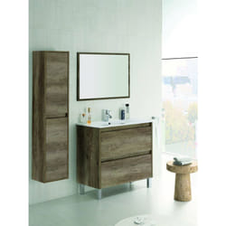 Dmora - Meuble de comptoir Modesto, Meuble suspendu à 2 tiroirs, Meuble de salle de bain avec miroir, Lavabo non inclus, cm 80x45h80, Chêne, avec