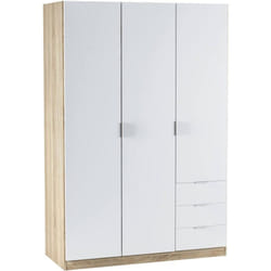 Dmora Vestiaire Allentown, Armoire de chambre à 3 portes et 3 tiroirs, Armoire avec barre à vêtements et 3 étagères, cm 121x52h180, Blanc et Chêne,