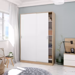 Description générale Armoire de chambre à 2 portes coulissantes, avec 3 étagères et une barre de cintre. Dimensions : 120 x 5 ...