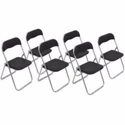 Ensemble de six chaises pliantes en PVC noir, avec structure en métal peint en argent, avec assise et dossier rembourrés en m ...